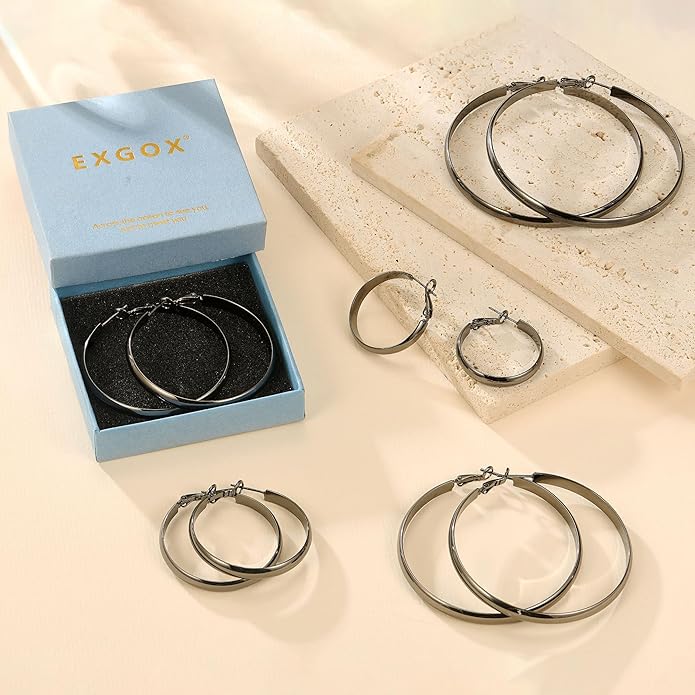 EXGOX 5mm Wide Gold Hoop Earrings for Women,Sterling Silver Hoop Earrings Large Silver Hoop Earrings Hypoallergenic Lightweight 14K Real Gold Plated Big Hoop Earrings for Women 30/40/50/60/70mm