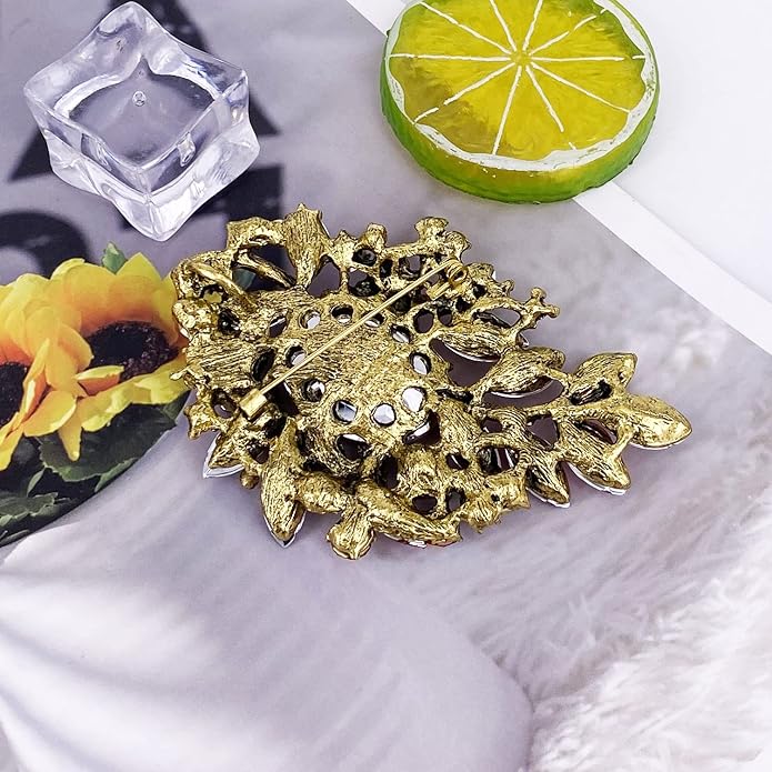 LAXPICOL Vintage Sparkly Austrian Crystal Flower Leaf Bouquet Clusters Big Large Brooch Pin for Women Gold Tone