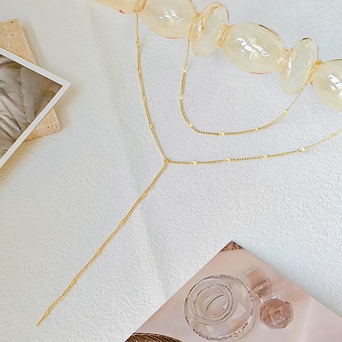 Lariat Gold Necklace for Women Trendy Dainty 14k Gold Plated/Silver Layered Chain Drop Necklaces Y-Shaped Necklace Jewelry for Women Gifts