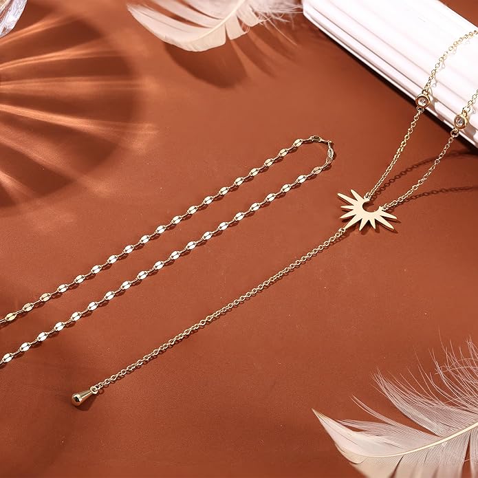 Dochais Dainty Gold Layered Necklace for Women, 14K Gold Plated Y Necklace & Chain, Dainty Lariat Long Necklaces, Trendy Cubic Zirconia Choker, Sun, Heart, Pearl & Cross Pendant Necklace, Jewelry Gift