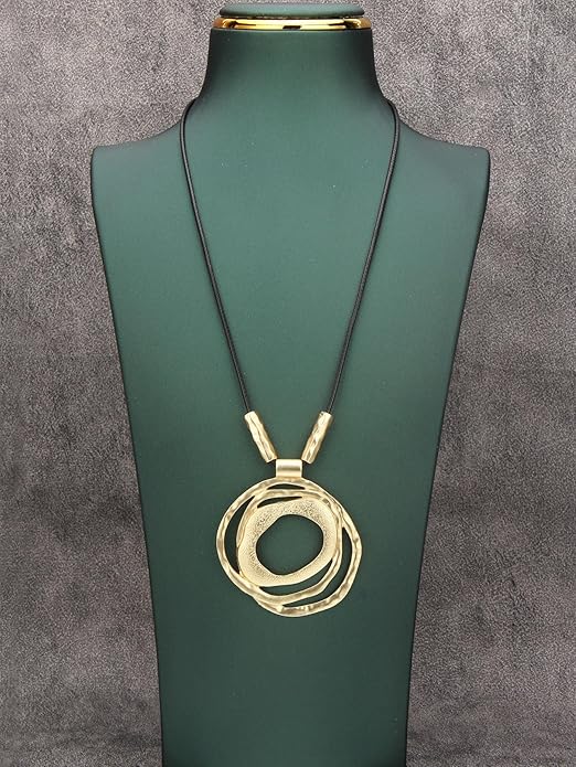 Long Boho Necklaces for Women Vintage Leather Wooden Pendant Y Choker Ethnic Style Gold Circle Hippie Sweater Necklace