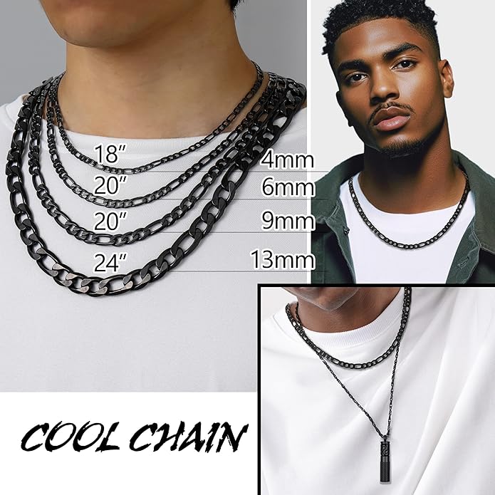 PROSTEEL 316L Stainless Steel Figaro Cuban Chain Necklace for Men, Black/18K Real Gold Plated, 4/5/6/7.5/9/10/13mm, 14inch-30inch, Come with Box