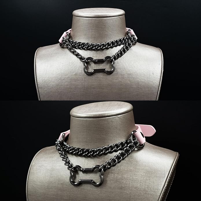 Black/Pink Leather Choker Collar For Women, Handmade Gothic Slip Chain Necklace with Bone Clasp