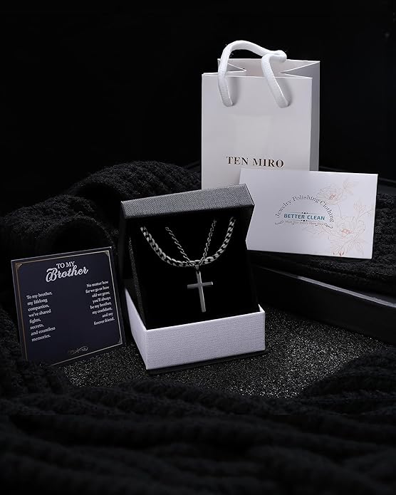 TEN MIRO Silver/Black Cross Necklace for Men Boy Stainless Steel Cross Pendant Necklace for Men Christian Religious Jewelry with Box & Card Birthday Anniversary Christmas Father's Day Gifts for Him
