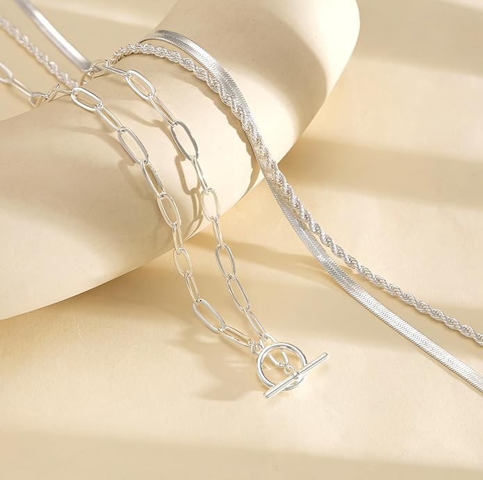 Freekiss Gold Layered Toggle Necklaces for Women: 14K Gold Plated Dainty Link Chain Necklaces Paperclip Cuban Rope Adjustable Choker T-Bar Toggle Clasp Chunky Necklace for Women Trendy Jewelry