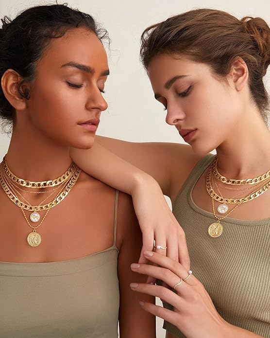 MJartoria Layered Necklaces for Women Trendy Retro Coin Pendant Necklace Dainty Chunky Chain Choker Necklaces for Jewelry Birthday Gifts