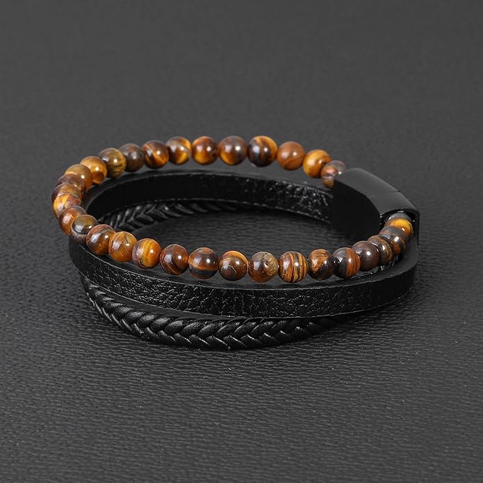 Gifts for Men - Layered Leather Beads Bracelet, Tiger Eye Lava Rock Stone Braided Leather Bracelets for Men Adjustable Magnetic Clasp Birthday Gifts