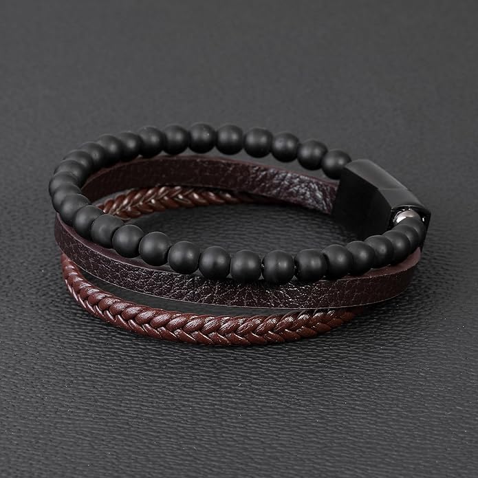 Gifts for Men - Layered Leather Beads Bracelet, Tiger Eye Lava Rock Stone Braided Leather Bracelets for Men Adjustable Magnetic Clasp Birthday Gifts