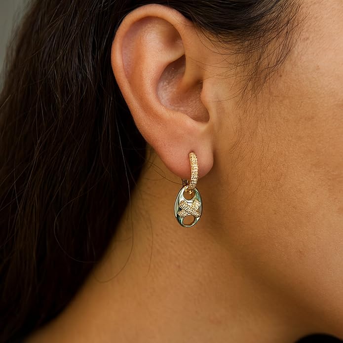 Gold Tone Oval Drop Earrings for Women with Crystal Accents – 30mm Long, Lightweight Fashion Jewelry. KT004