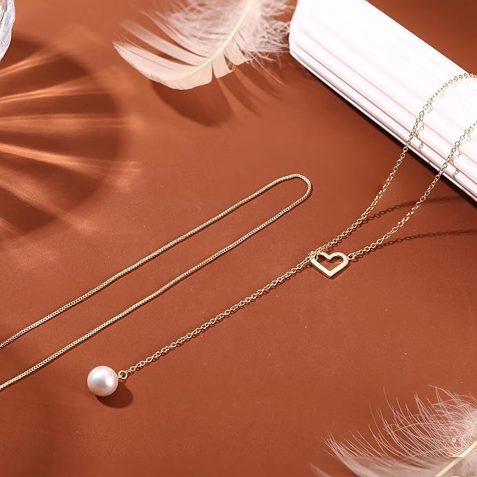 Dochais Dainty Gold Layered Necklace for Women, 14K Gold Plated Y Necklace & Chain, Dainty Lariat Long Necklaces, Trendy Cubic Zirconia Choker, Sun, Heart, Pearl & Cross Pendant Necklace, Jewelry Gift