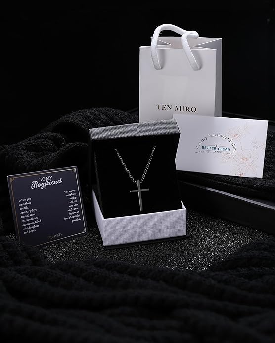 TEN MIRO Silver/Black Cross Necklace for Men Boy Stainless Steel Cross Pendant Necklace for Men Christian Religious Jewelry with Box & Card Birthday Anniversary Christmas Father's Day Gifts for Him