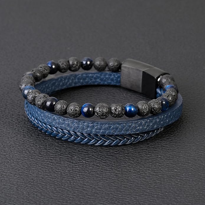 Gifts for Men - Layered Leather Beads Bracelet, Tiger Eye Lava Rock Stone Braided Leather Bracelets for Men Adjustable Magnetic Clasp Birthday Gifts