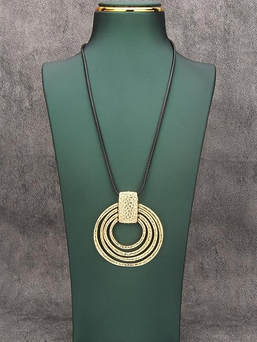 Long Boho Necklaces for Women Vintage Leather Wooden Pendant Y Choker Ethnic Style Gold Circle Hippie Sweater Necklace