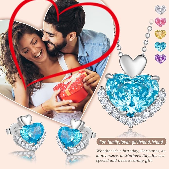 Ydou Love Heart Necklaces and Earrings with Rose Cut Birthstone Silver Plated Elegant Jewelry Set for Women CS0002