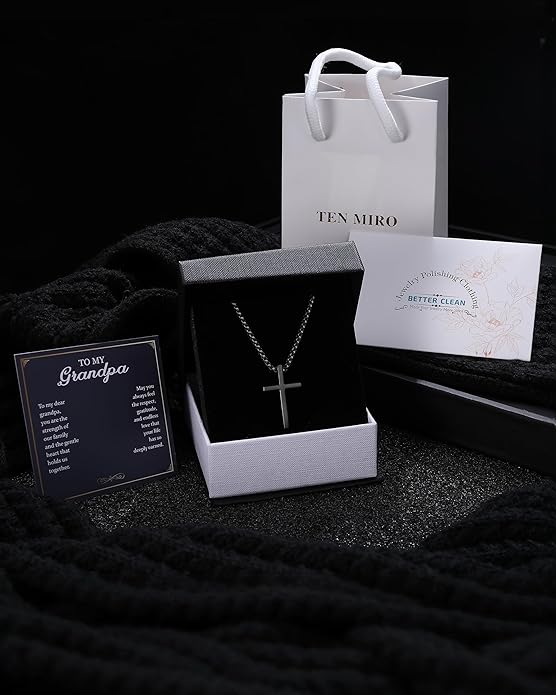 TEN MIRO Silver/Black Cross Necklace for Men Boy Stainless Steel Cross Pendant Necklace for Men Christian Religious Jewelry with Box & Card Birthday Anniversary Christmas Father's Day Gifts for Him