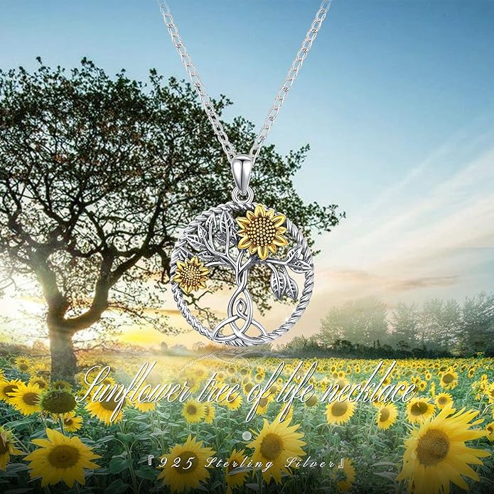 CHENGHONG Sunflower Necklace 925 Sterling Silver Tree of Life Necklace Daisy/Rose/Sunflower Pendant Necklace Sunflower Jewelry Gifts for Women Mom