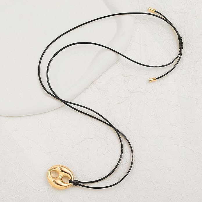 Aobei Pearl Y Shaped Long Necklaces for Women Large 18K Gold Plated Pig Nose Pendant Choker Adjustable Black String Cord Necklace Boho Handmade Jewelry