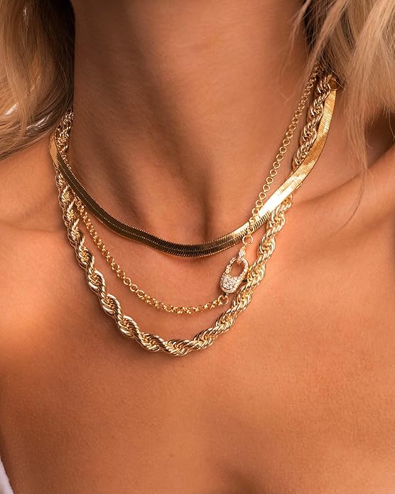 DEARMAY 14K Gold Plated Necklaces for Women, Dainty Gold Herringbone Choker Necklace Thin Layered Snake Chain Jewelry for Gifts