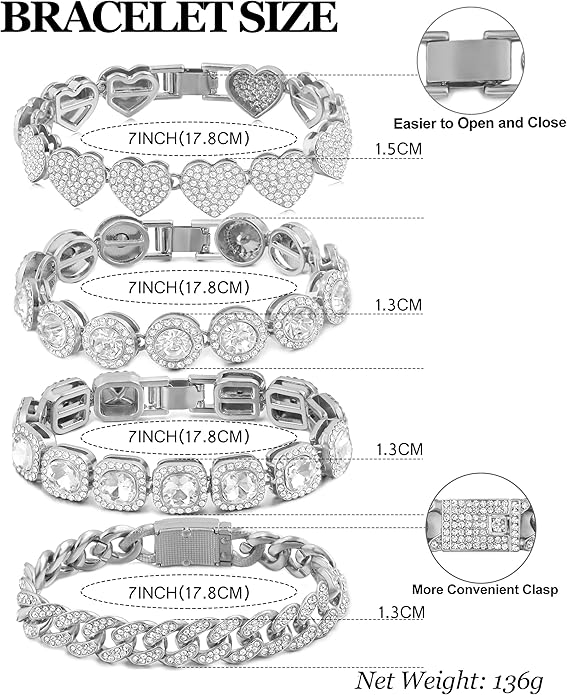shopbyskyler 4PCS Gold Bracelets for Women Silver Clustered Tennis Bracelet for Women Heart Round Diamond Cuban Bracelet Layered Link Bracelet Set Fashion Jewelry for Women Set