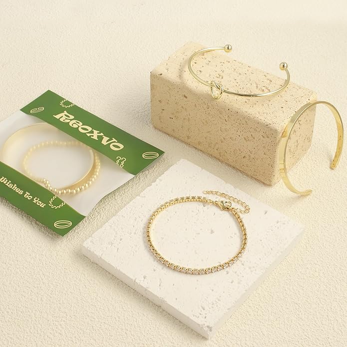 Reoxvo Gold Plated Bangle Cuff Bracelets for Women Non Tarnish Gold Bracelet Stack Jewelry Set for Women Trendy