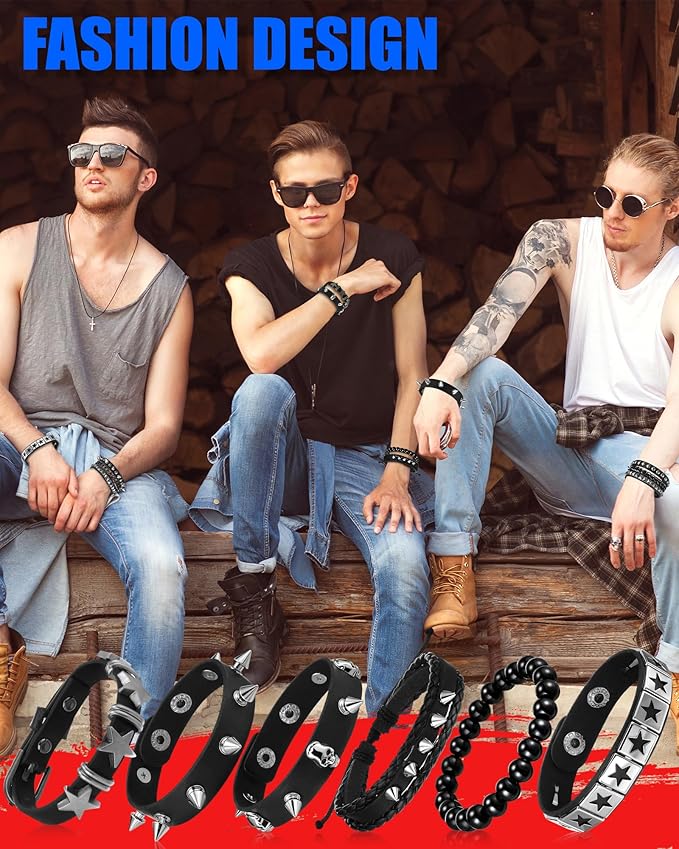 Hicarer 9 Pieces Spiked Studded Bracelet Black Leather Rivet Punk Bracelet Cuff Wrap Bangle Snap Button Metal Wristband for Men Women