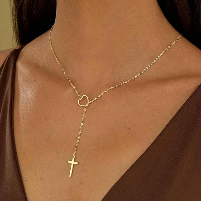 Lariat Necklace for Women, Dainty 14K Gold/Silver Plated Long Necklaces for Women Trendy Simple Layered Y-Shaped Drop Pendant Necklace Adjustable Gold Jewelry Gifts For Her Christmas Stocking Stuffer
