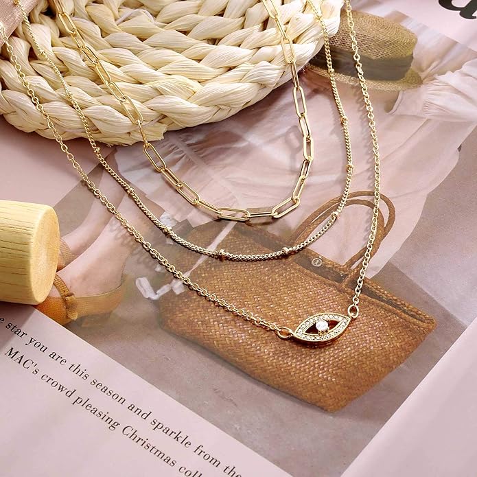 Turandoss Dainty Layered Choker Necklace, Handmade Y Pendant Necklace Multilayer Bar Disc Necklace Adjustable Layering Choker Necklaces for Women