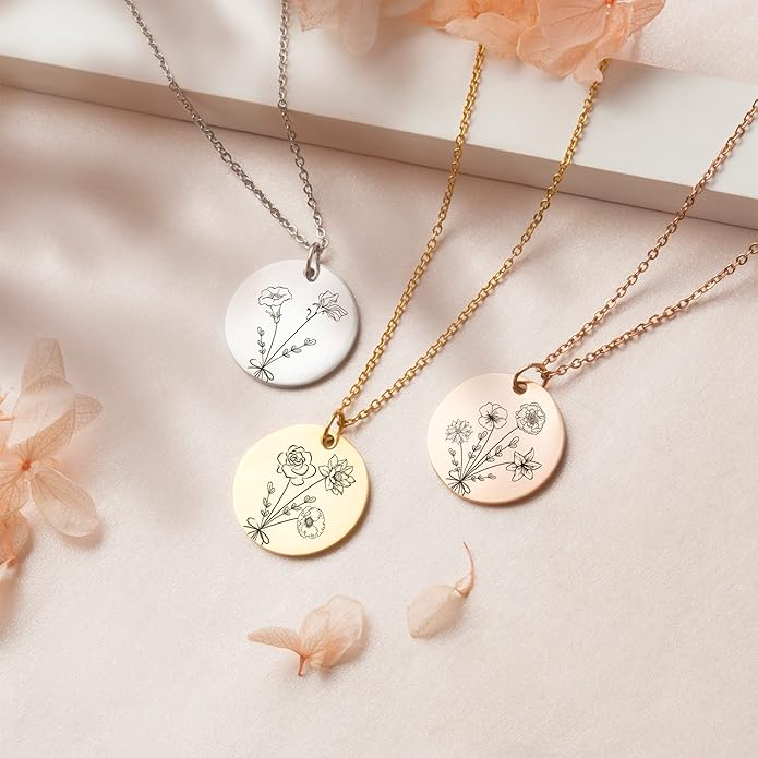 Anavia -Build Your Own Bouquet- Birthmonth Flowers Necklace, Personalized Engraved Floral Coin Necklace, Customized Birthday Gifts Love Jewelry for Her Mom Sisters Family