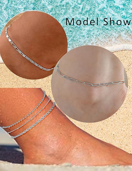 6PCS 18k Gold Plated Stainless Steel Ankle Bracelets for Women Waterproof Layered Herringbone Figaro Bead Paperclip Rope Tennis Box Cuban Link Rolo Satellite Chain Anklets Set Gold Tone