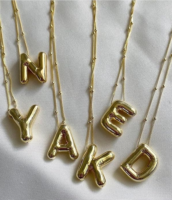 Initial Necklaces for Women, 14k Gold Plated Bubble Letter Necklace Chunky Gold Necklace Dainty Charm Initial Necklaces for Women Trendy Custom Preppy Stocking Stuff Necklace Christmas Gifts