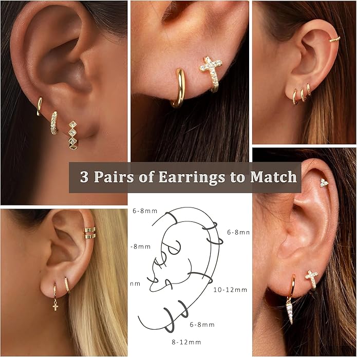 DORANA Valentines Day Gift 3 Pairs 925 Sterling Silver Earrings for Women Girls Non Tarnish Small Hypoallergenic Huggie Hoops Cartilage Stack Earring Sets for Multiple Piercing
