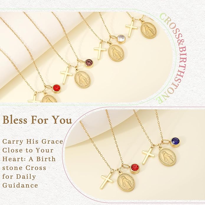 Gold Cross Necklaces for Women, 1-12 Birthstone Necklace Stocking Stuffers for Her Faith Confirmation Gifts for Teen Girls Virgin Mary Necklace Gifts for Christians Birthday Baptism Religious Jewelry