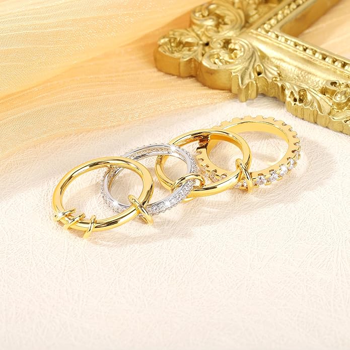 Gold Stackable Rings for Women Non Tarnish, 18K Gold Plated CZ Cubic Zirconia Rings, Golden Rings Set, Multi-Link Connected Rings