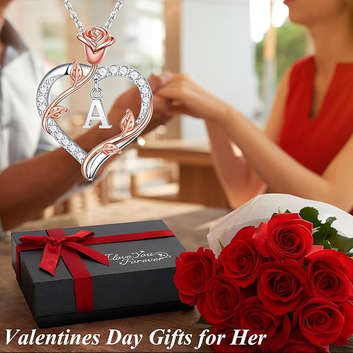 Iefil Rose Heart Necklaces Gifts for Women - 925 Sterling Silver Heart Initial Necklace, Anniversary Birthday Gifts for Women, Jewelry Gift for Wife Wife Girlfriend Mom
