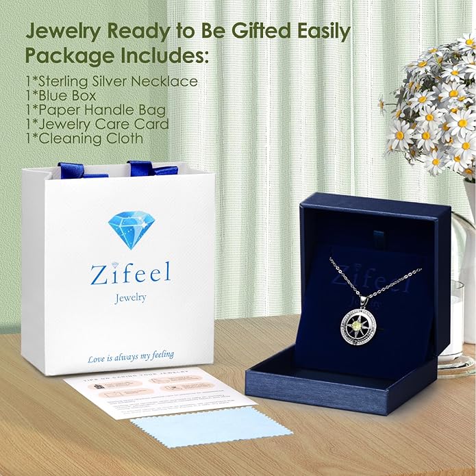 Zifeel Compass Necklace Gifts for Women wife - S925 Sterling Silver Birthstone Necklaces for Women - Anniversary Birthday Gifts for Her Wife Girlfriend - Valentines Mom Mothers Day Christmas Gifts Jewelry for Women
