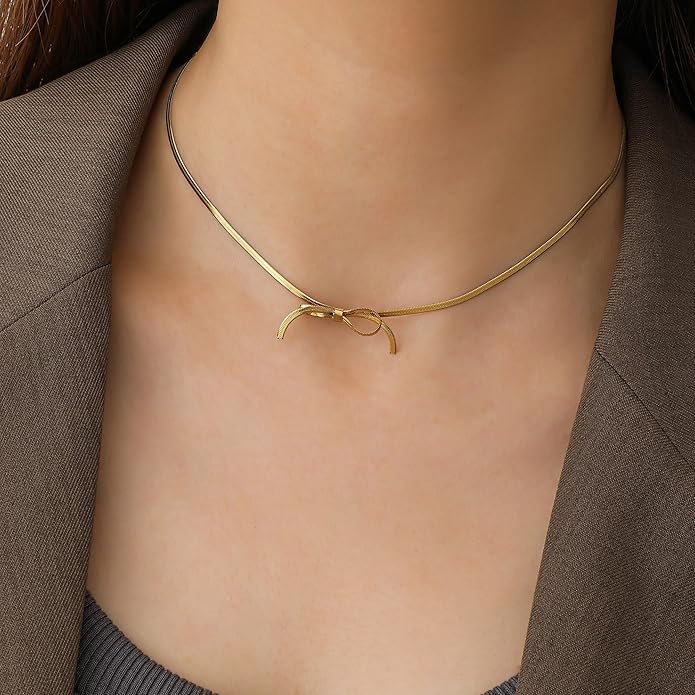 Dainty Gold Butterfly Bow Necklace for Women,18k Gold Plated Choker Necklaces for Women Waterproof & Daily & Simple, Gold Jewelry for Women