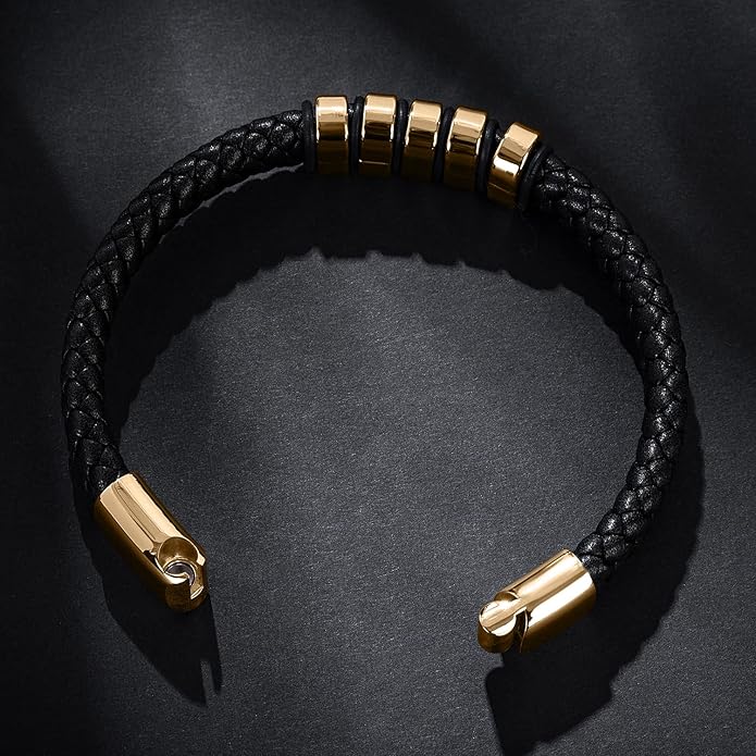 Leather Bracelet for Men Braided Cuff Wristband Stainless Steel Clasp in Silver and Gold Jewellery Gift