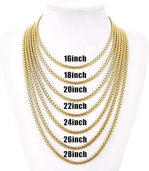 Fiusem Flat Box Chains for Men, 14k Gold Plated Stainless Steel Chain Necklace, 2.5/3/4/4.5/5mm Necklaces for Men and Women 16-28 Inch