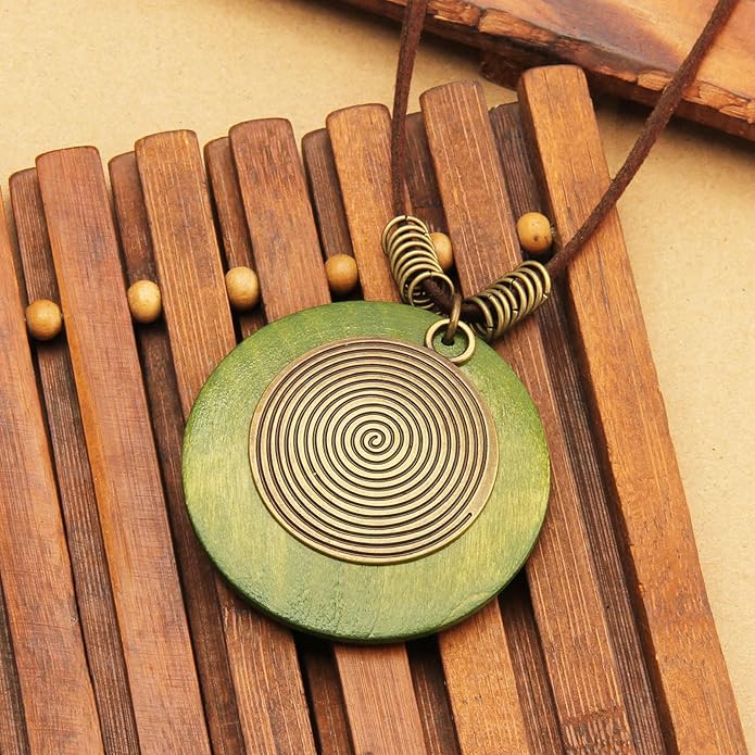 Long Boho Necklaces for Women Vintage Leather Wooden Pendant Y Choker Ethnic Style Gold Circle Hippie Sweater Necklace