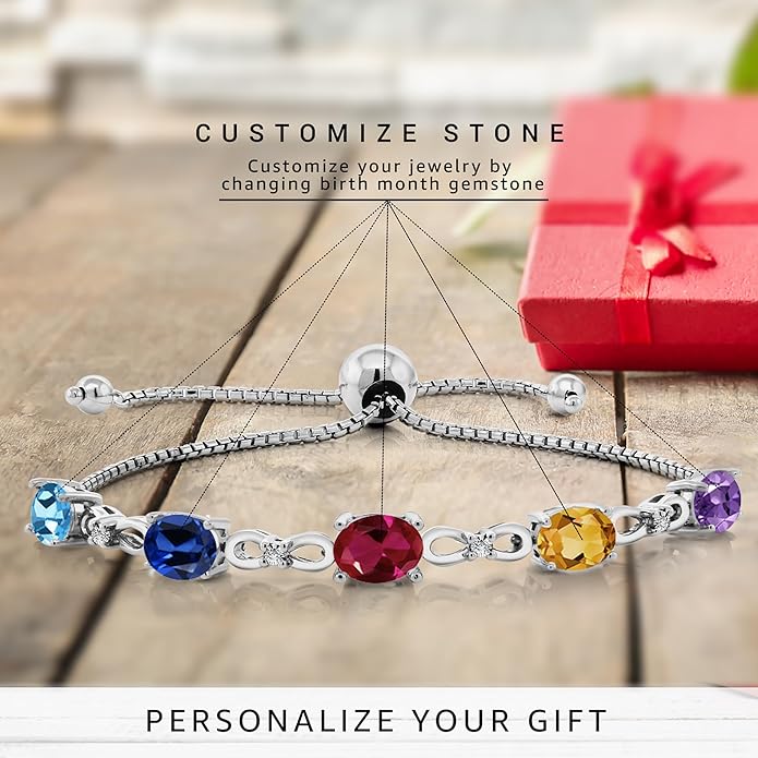 Gem Stone King Customized and Personalized 5 Oval Gemstone Birthstone and White Lab Grown Diamond Tennis Bracelet For Women | 925 Sterling Silver | Adjustable Bolo Bracelet For Women