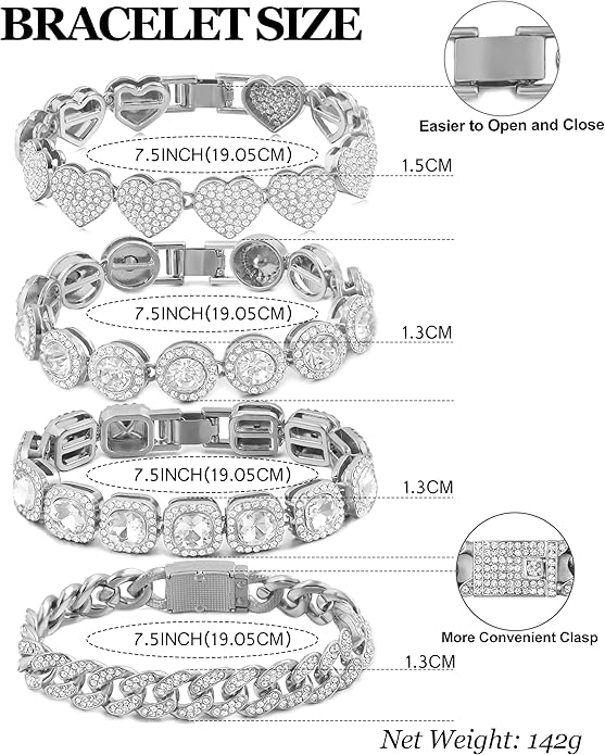 shopbyskyler 4PCS Gold Bracelets for Women Silver Clustered Tennis Bracelet for Women Heart Round Diamond Cuban Bracelet Layered Link Bracelet Set Fashion Jewelry for Women Set