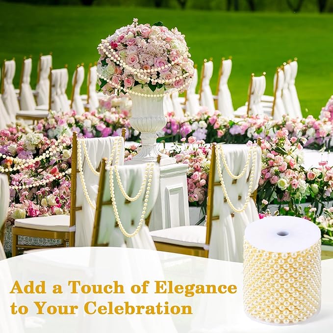 48 Feet Faux Pearl Garland, 8mm Pearl String Roll Strands, Extended String of Pearls Garland for Christmas Tree Wedding Party Decoration Centerpieces Flowers DIY Crafts (Ivory)