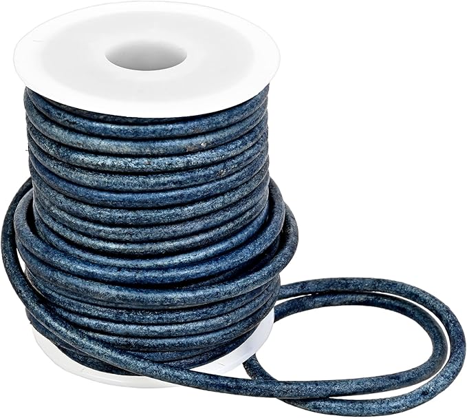 GENIQUE Real/Genuine Round Leather String Cord for Necklace, Bracelets, Jewellery, Braiding (3mm, Blue Distressed)