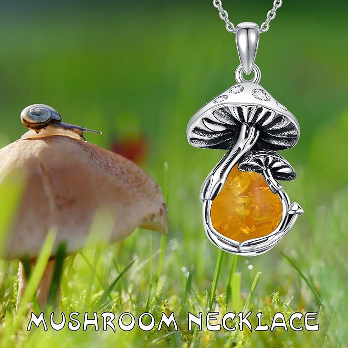 YAFEINI Mushroom Necklace Moonstone/Moss Agate/Malachite/Labradorite/Turquoise/Amber/Larimar/Black Onyx/Lapis Lazuli/Peridot/Opal Sterling Silver Mushroom Pendant Mother's Day Jewelry for Women Mom