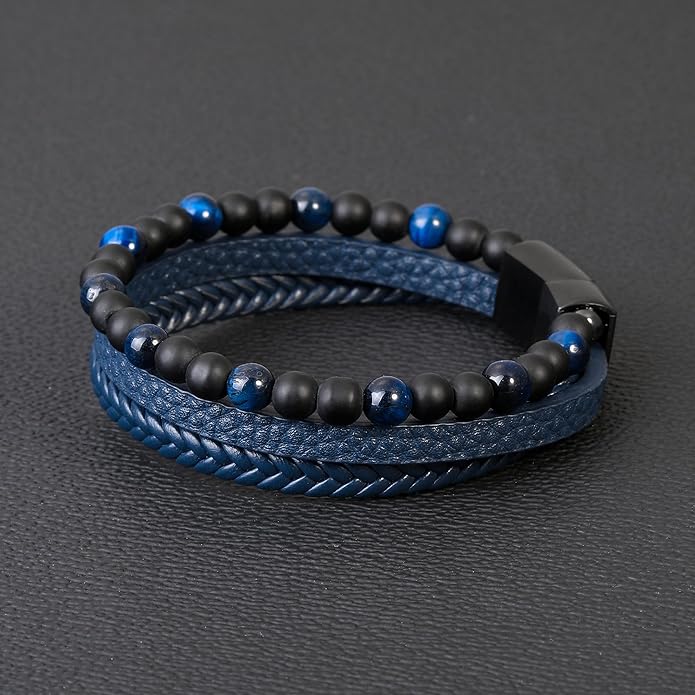 Gifts for Men - Layered Leather Beads Bracelet, Tiger Eye Lava Rock Stone Braided Leather Bracelets for Men Adjustable Magnetic Clasp Birthday Gifts