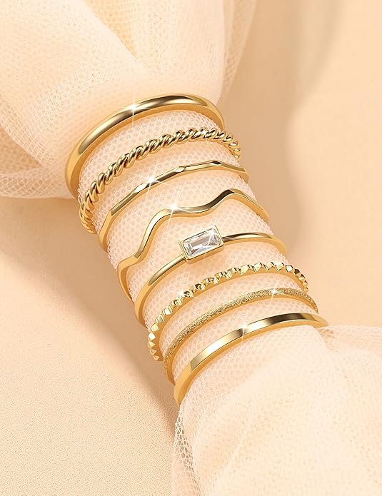 THUNARAZ 8Pcs Stackable Rings for Women Non Tarnish 14K Gold Plated Stainless Steel Dainty Rings Set Minimalist Thin Thumb Ring Cubic Zirconia Wave Statement Ring Bands for Women Size 5-10