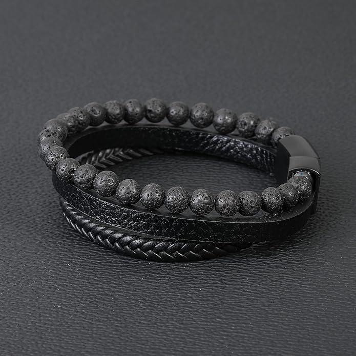 Gifts for Men - Layered Leather Beads Bracelet, Tiger Eye Lava Rock Stone Braided Leather Bracelets for Men Adjustable Magnetic Clasp Birthday Gifts