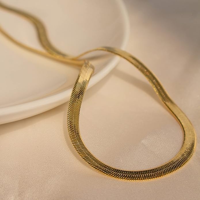 CHESKY Gold Necklace for Women-14K Gold Plated/Sterling Silver Plated Snake Chain Necklace Dainty Simple Chunky Herringbone Necklace Choker Necklaces Jewelry for Women
