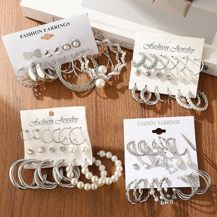 FAXHION 36 Pairs Gold Earrings Set for Women, Fashion Pearl Chain Link Stud Drop Dangle Earrings Multipack Hoop Earring Packs, Hypoallergenic Earrings for Birthday Party Jewelry
