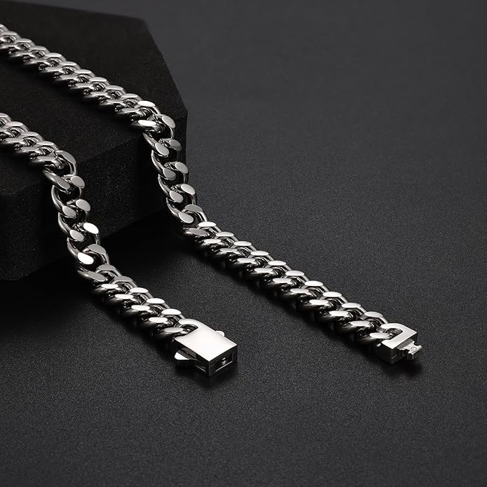 Fiusem Valentines Day Gifts for Him Silver Tone/Black/14K Gold Plated Chain Necklace for Men, 5mm/6mm/7.5mm/8mm/9mm Stainless Steel Cuban Link Chain Necklace, Men's Chains 18-28 Inch Jewelry Gifts